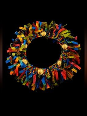 Bold Primary Colorful Fringe Collar Necklace with Antique Style Goldtone Buttons